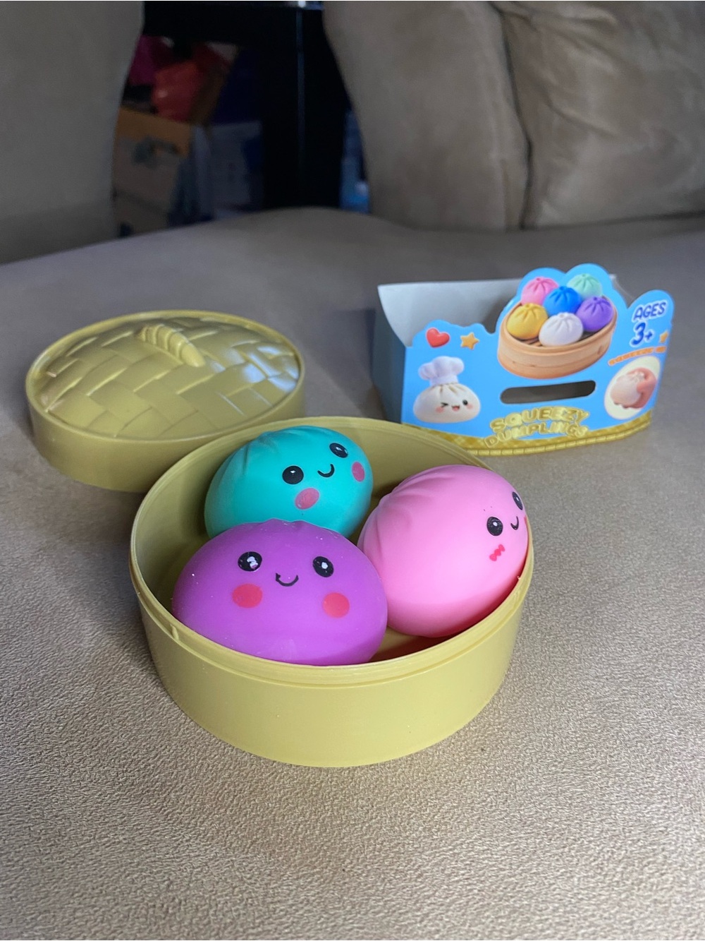 Mini Dumpling Squishy Toys Set of 3 Sensory Fidget Toys w/ Basket